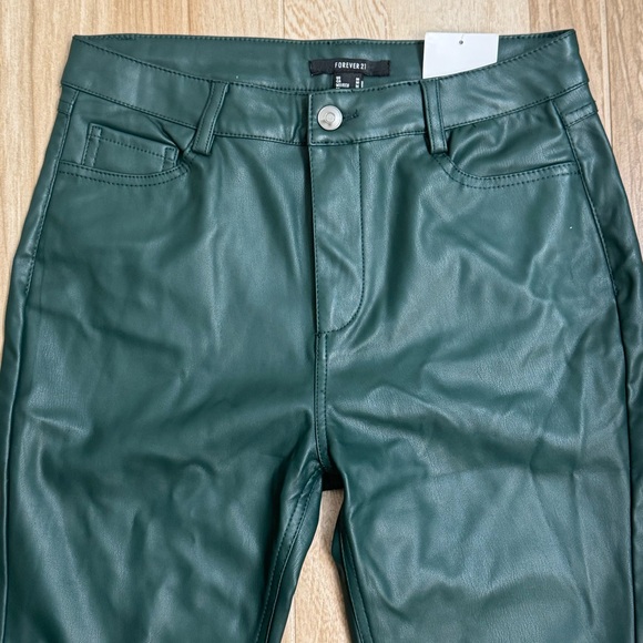 Forever 21 Dark Green Faux Leather Green Pants NWT Bootcut Size Medium Regular - Picture 2 of 13